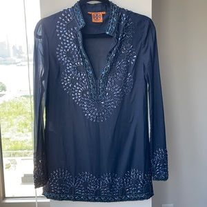 Tory Burch Embellished Beaded Navy Tunic